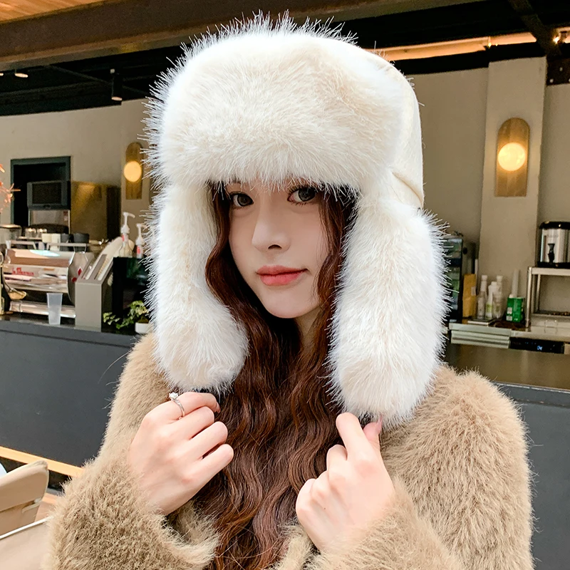 Women\'s Fur Bomber Hats Winter Thick Warm Outdoor Keep Ear Warm Earflap Female Solid Bombers Cap