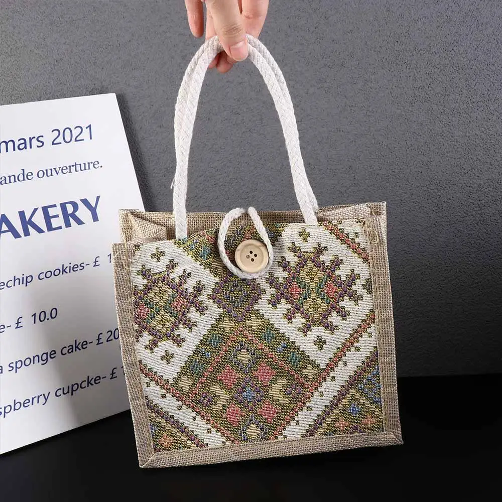 Embroidery Ethnic Style Canvas Bag Large Capacity Portable Linen Handbag Storage Bag Print Printing Cloth Lunch Bag Travel