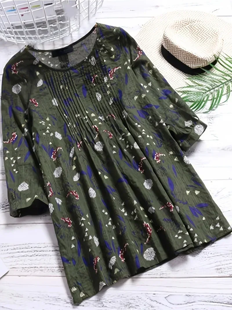 Women\'s 1XL-8XL Plus Size Blouse  Fashion Floral Printed 3/4 Sleeve Shirt Loose Retro Color Shirt Ladies Blouse Tops