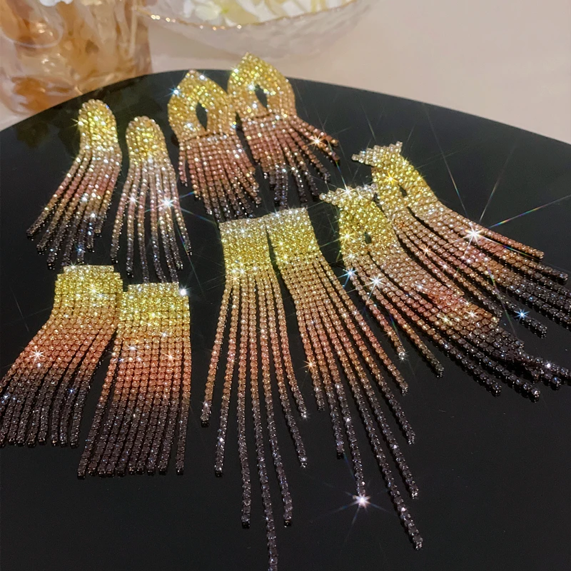 2024 Luxury Women\'s Earrings Geometric Long Tassel Crystal Rhinestone Drop Earrings New Shiny Wedding Statement Party Jewelry