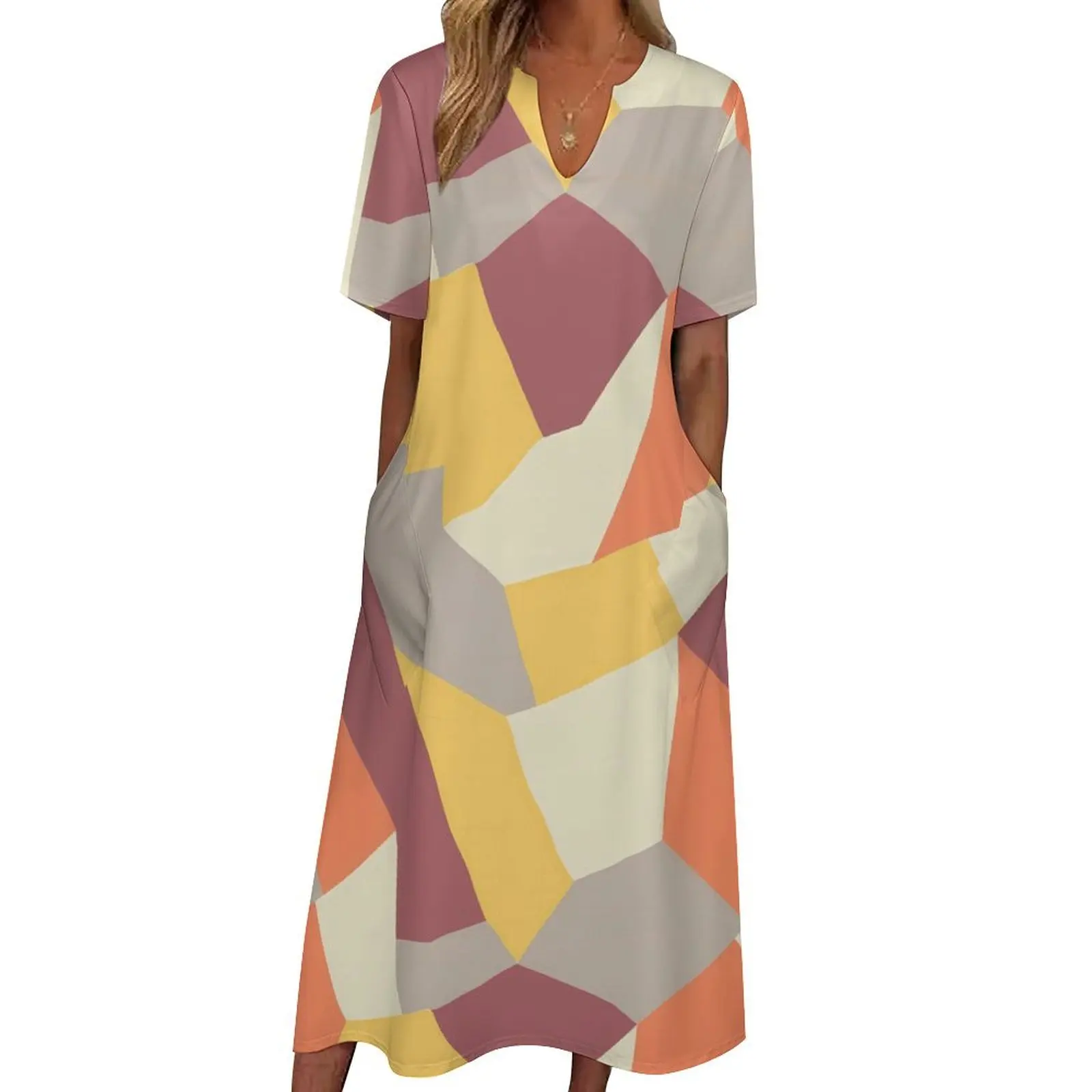 

Color Block Print Dress Abstract Shape Vintage Maxi Dress Aesthetic Bohemia Long Dresses Summer Short Sleeve Vestidos 4XL 5XL