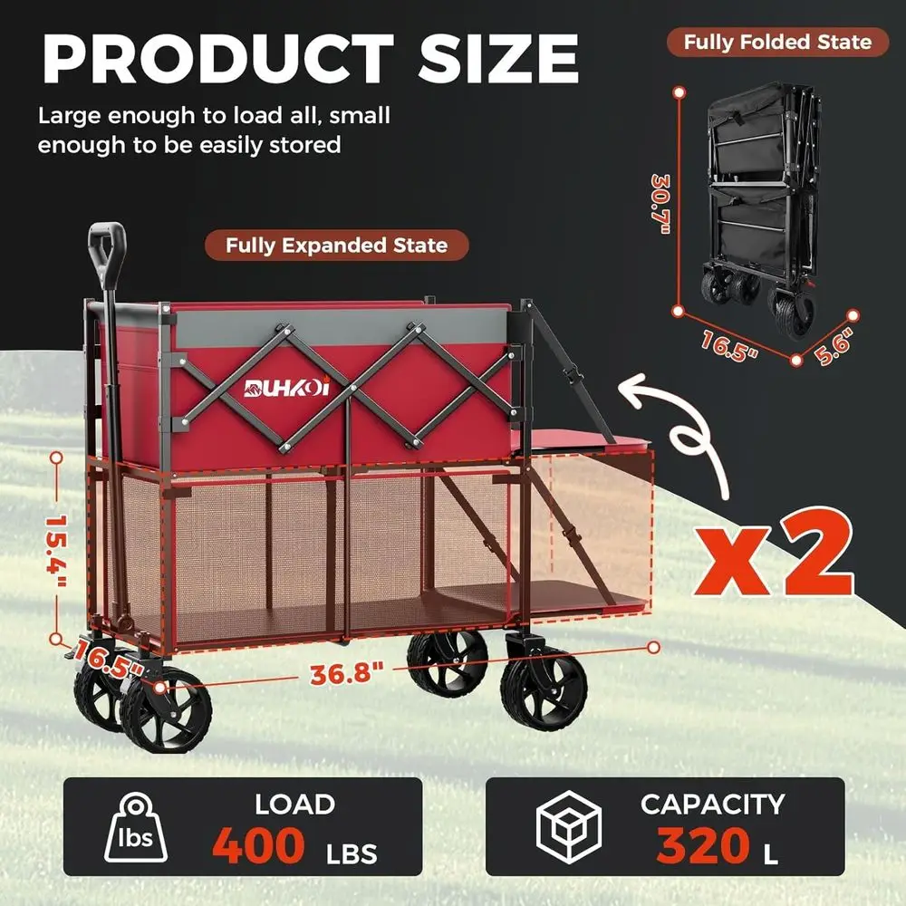 รถเข็นอเนกประสงค์พับได้ขนาดใหญ่ 320 ลิตร รับน้ำหนักได้ 400 ปอนด์ ล้อใหญ่สำหรับกิจกรรมกลางแจ้ง แคมป์ปิ้ง ซื้อของชำ - สีชมพูโรส