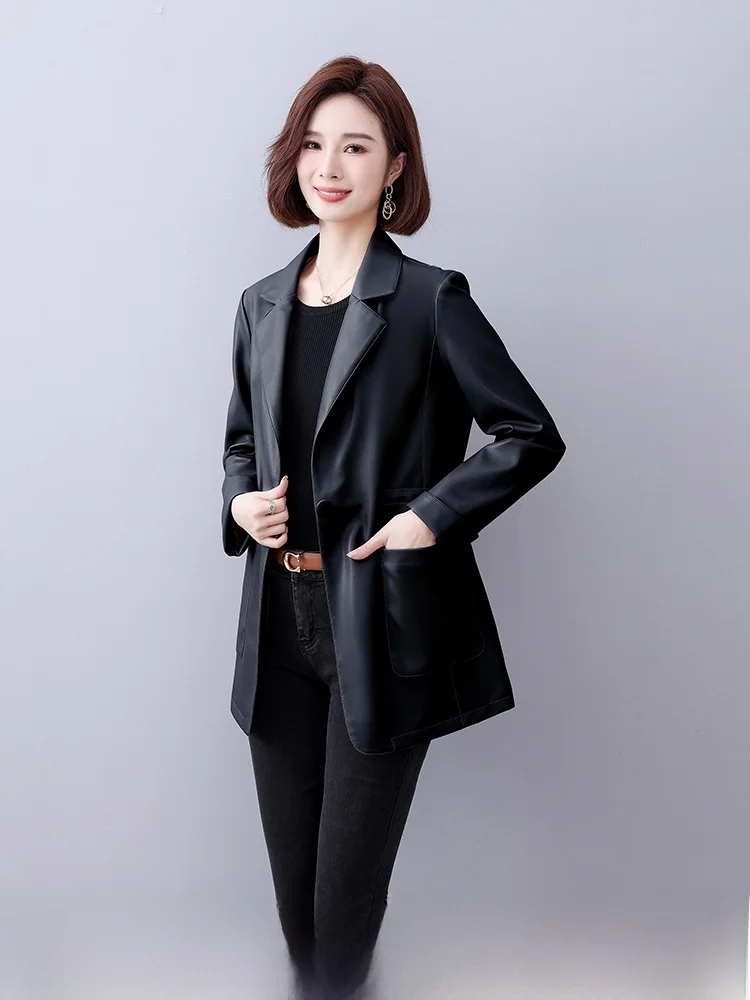 

Faionable Women's Lambskin Leather Jaet Mid-Length Coat Slim Fit Spring Autumn Small Busin Sle Chinese Brand