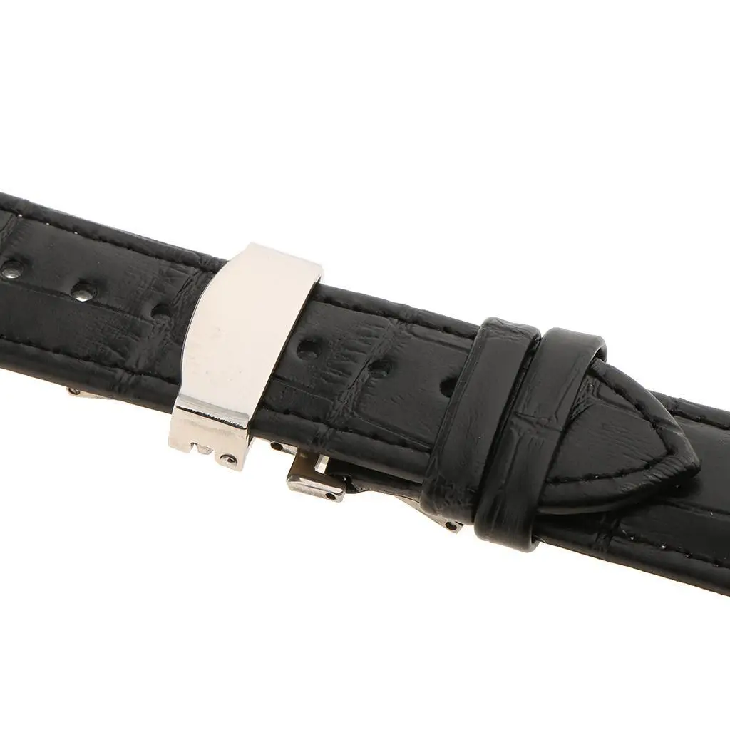 2/3/5 Leather Watch Band Butterfly Deployment Clasp Buckle Black-18mm-White thread