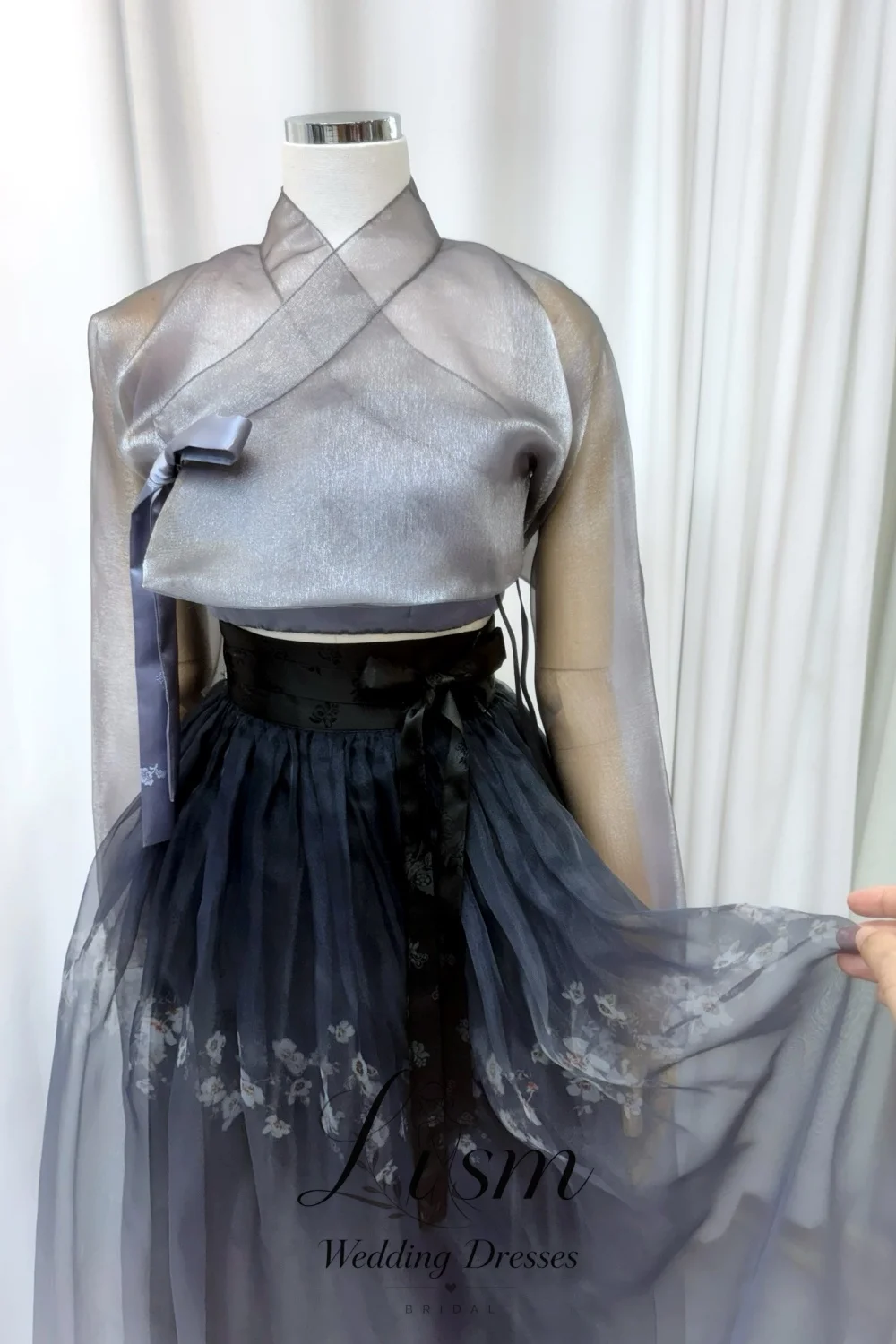 Lism Women Modern Hanbok 2 Piece Set Sheer Long Sleeve Crop Top Gradient Tulle Midi Skirt Korean Formal Party Outfit Customized