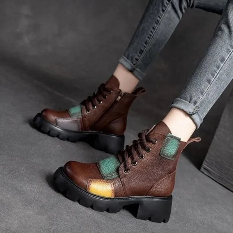 Autumn Winter Punk Goth Ankle Women Boots Mixed Colors Women Shoes Retro Genuine Leather Round Toe Sewing Handmade Platform Boot