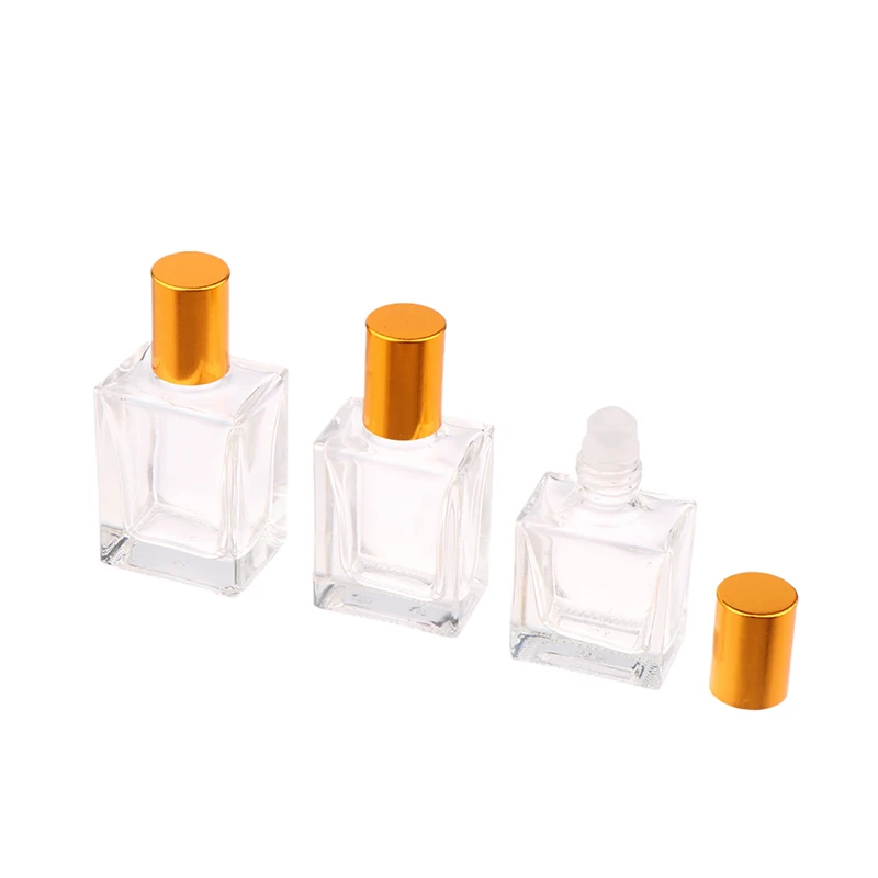 8/10/15ml Empty Clear Square Glass Essential Oil Bottle Steel Roller Gold Lid Massage Perfume Roll On Sample Vials