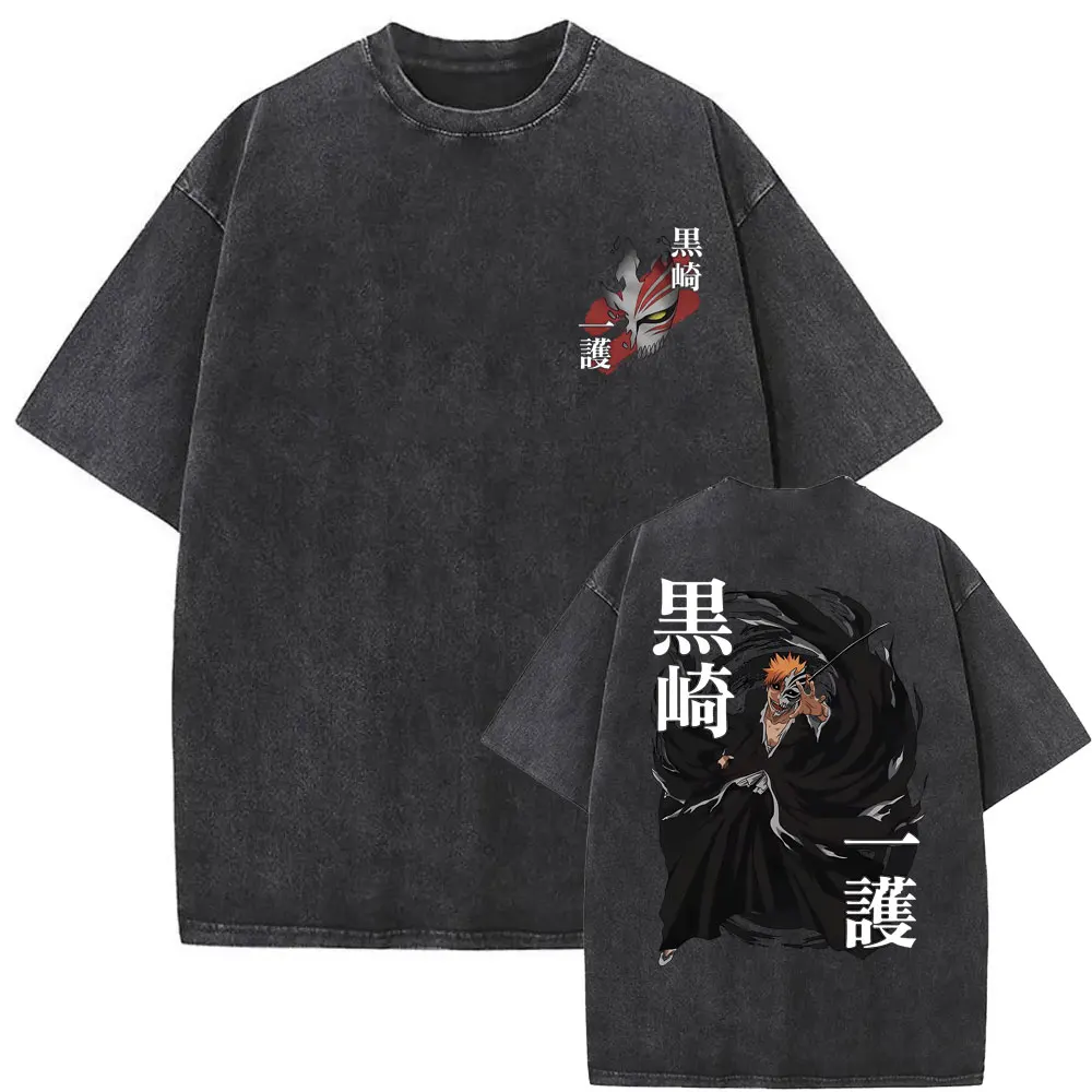 

Washed Vintage Anime Bleach Kurosaki Ichigo Face Graphic T-shirt Men Women Manga Clothing Men's Fashion Casual Oversized T Shirt