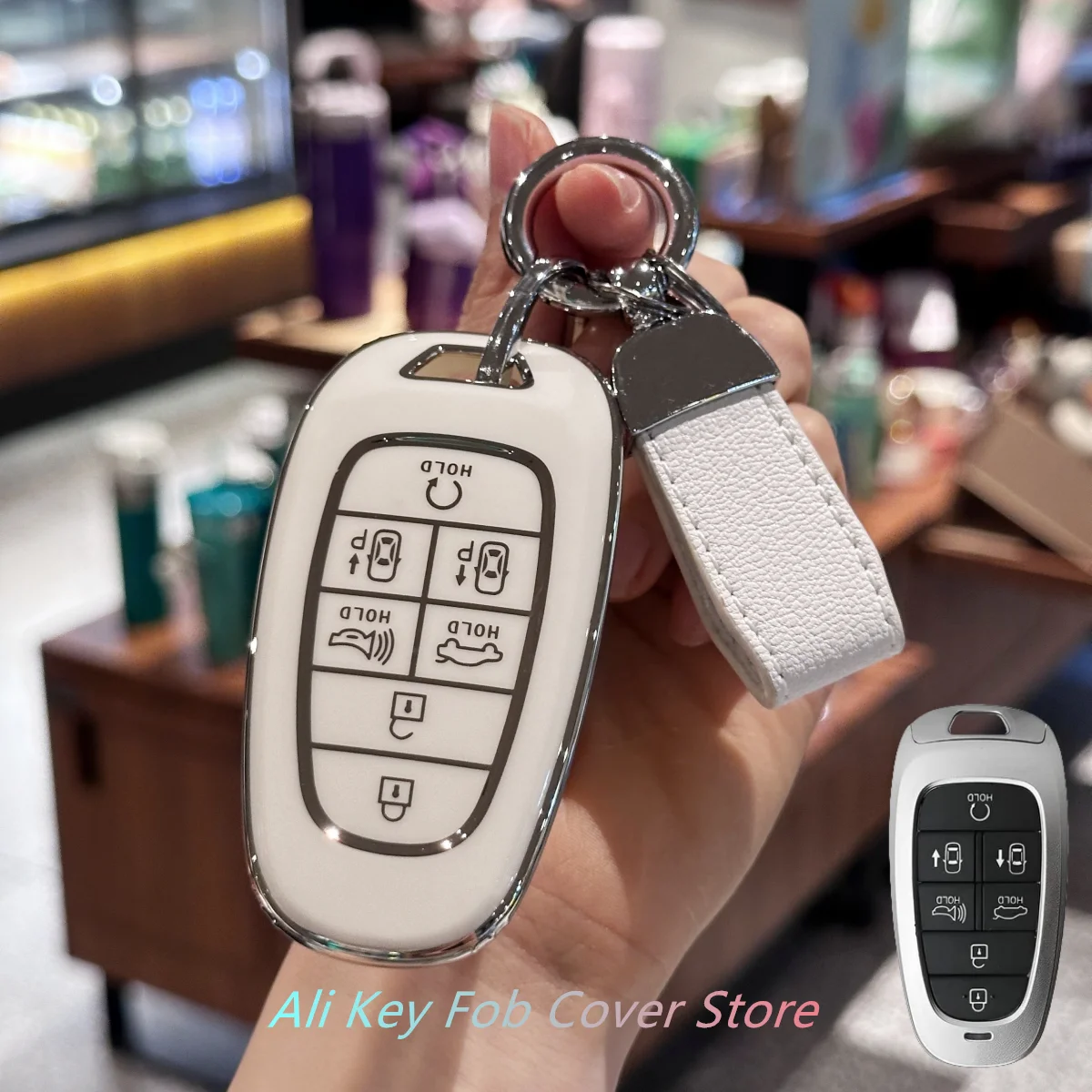 for Hyundai Key Fob Cover with Leather Keychain for 2024 2023 2022 2021 Sonata Santa fe Tucson Nexo Palisade 7 Buttons