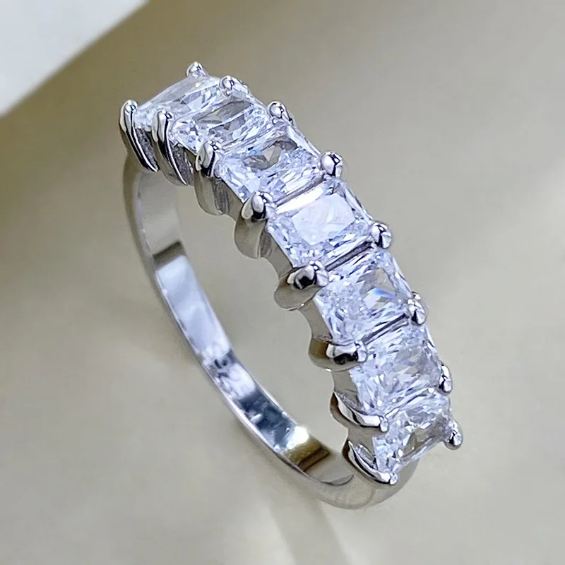 2024 S925 Sterling Silver 4 * 3mm Square Zirconia Seven Star Row Ring, High-end Fashion Ring for Women