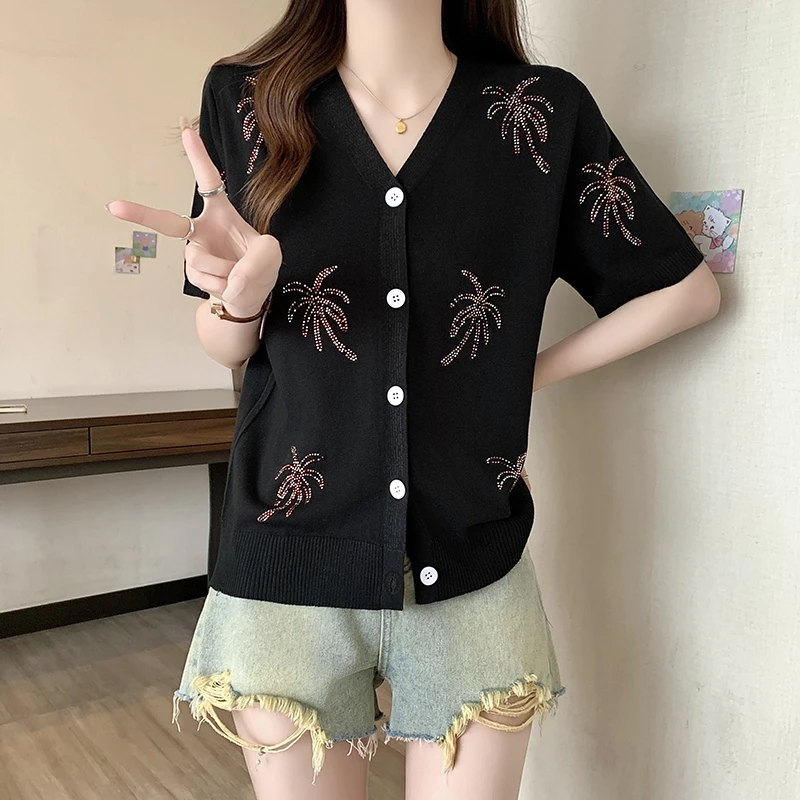 

Twisted Knit Sweater Cardigan For Women Flower Diamond Short Sleeve Knitwear Tops 2024 Summer Elegant Korean Fashion Jumpers