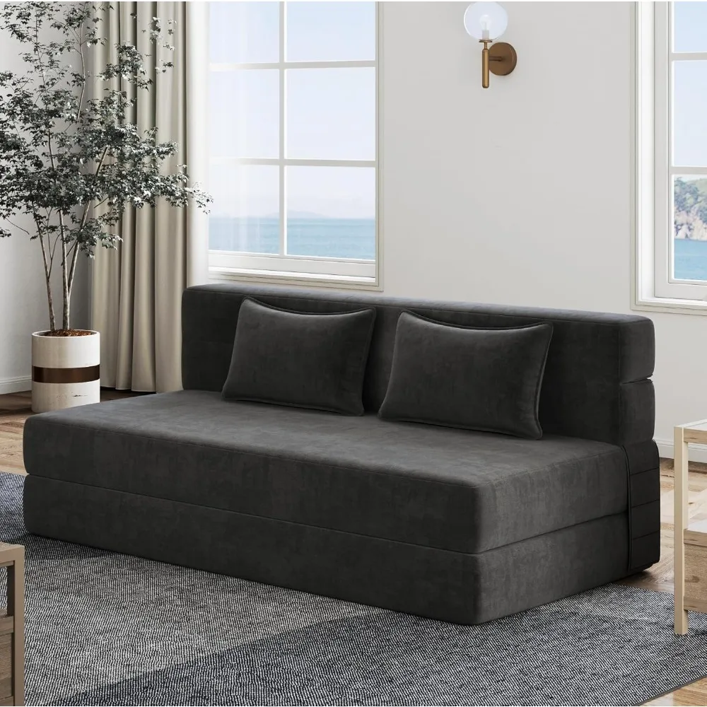 Fold-out sofa bed with 2 pillows with breathable and washable cover, convertible and easy to store，59.84 L x 76 W x 5.98 H inch