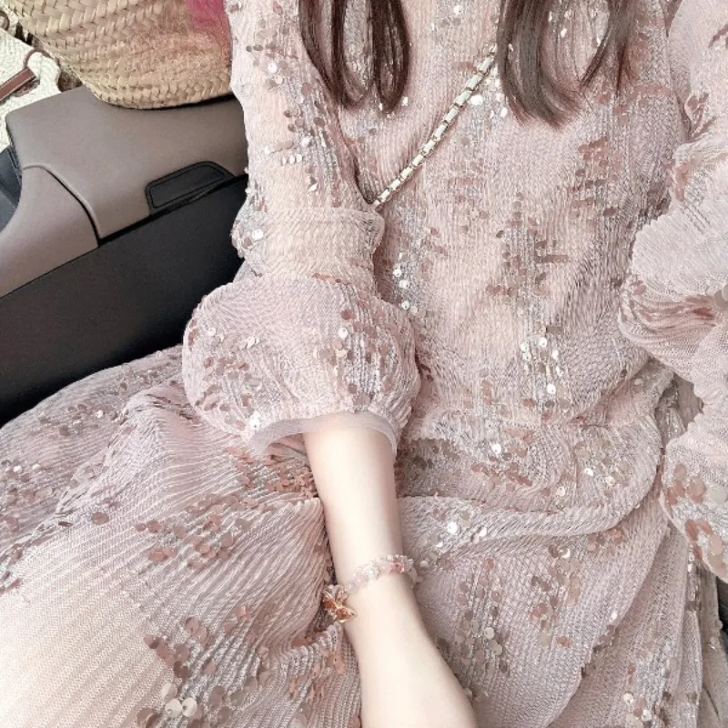 OCEANLOVE Pink Long Dresses Sequins Spring Autumn Elegant Loose Vestidos Mujer Korean Fashion Sweet Long Sleeve Women Dress