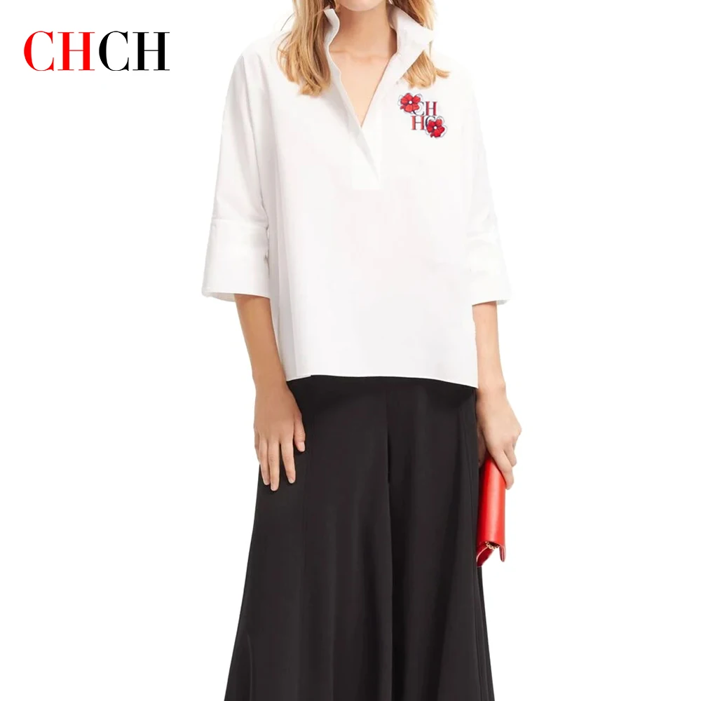 CHCH New 2024 Summer White Blouse 100% Cotton Elegant Temperament office Shirts Women Short Sleeve Casual Tops Solid Blusas