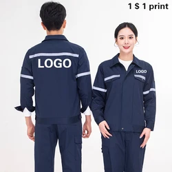 Men'S Cotton Work Suit Print Logo Reflective Strip Long Sleeved Electrician Factory Workshop Uniform Mechanic Repairman Clothes