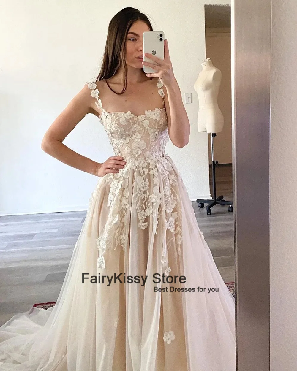 FairyKissy Ivory 3D kwiaty suknie ślubne Spaghetti pasek kwadratowy dekolt suknie ślubne Vintage aplikacje koronkowa suknia dla panny młodej Boho