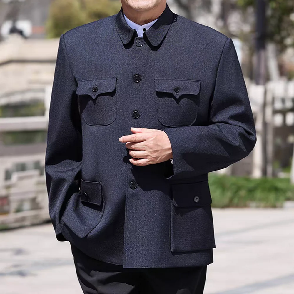 Men Mao Suit Effortless Jacket Blue Gray Year-Round Menswear Classic Chinese Zhongshan Coat Blazer Male Tunic Outfits Timeless
