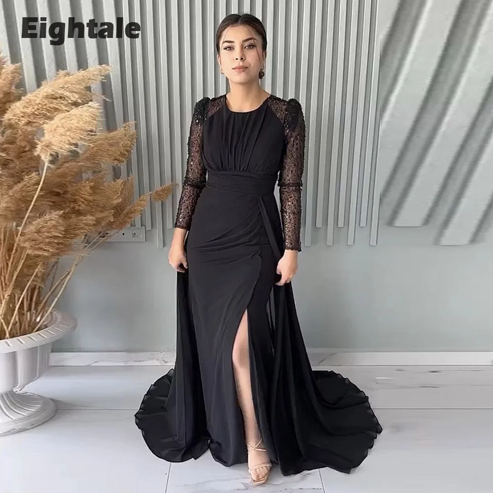 

Eightale Sparkly Evening Dresses O-Neck Chiffon Long Sleeves Mermaid Prom Gown for Wedding Party Arabic Abendkleider Luxus 2023