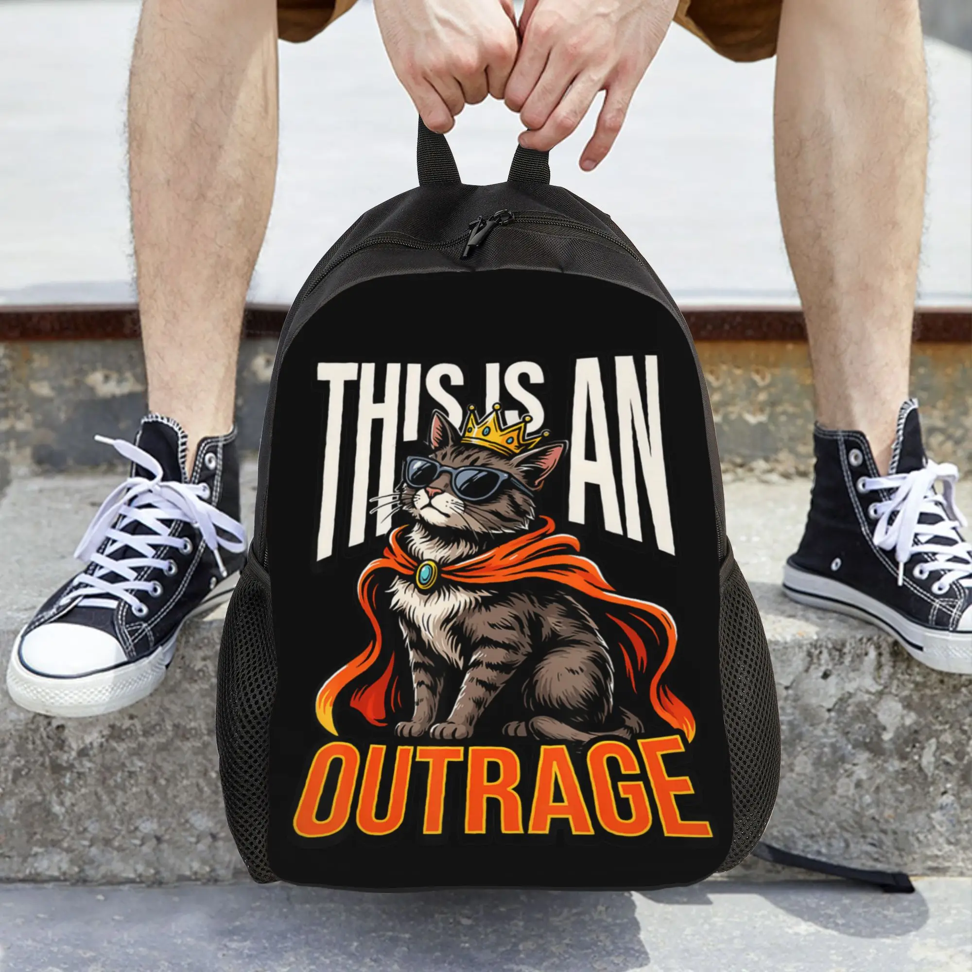 This is an Outrage Funny Princess Cat Goddammit Donut Gold Backpack  Kawaii Backpacks Men Travel Big High School Bags Rucksack