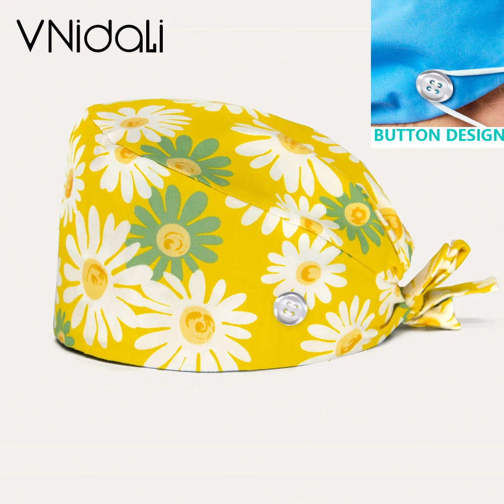 Commercio all'ingrosso Scrub Cap fiori stampa cappello regolabile pet grooming Work Skull Cap Tieback cotone salone di bellezza cappello da lavoro