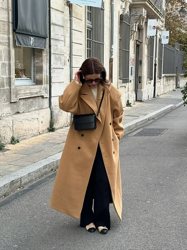 أنيقة مزدوجة الصدر معطف طويل المرأة الكاكي التلبيب كم طويل التلبيب فضفاض مستقيم معاطف الإناث 2025 موضة الخريف أبلى