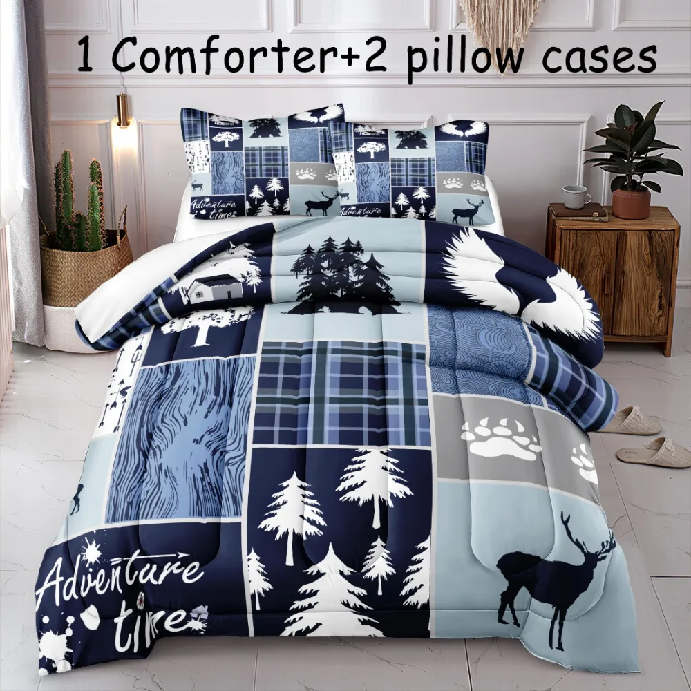 3pc Blue Bedding Set Marry Christmas Tree Print Cozy Duvet Cover Set King Queen Single Size New Year Gift for Home Bedroom Decor