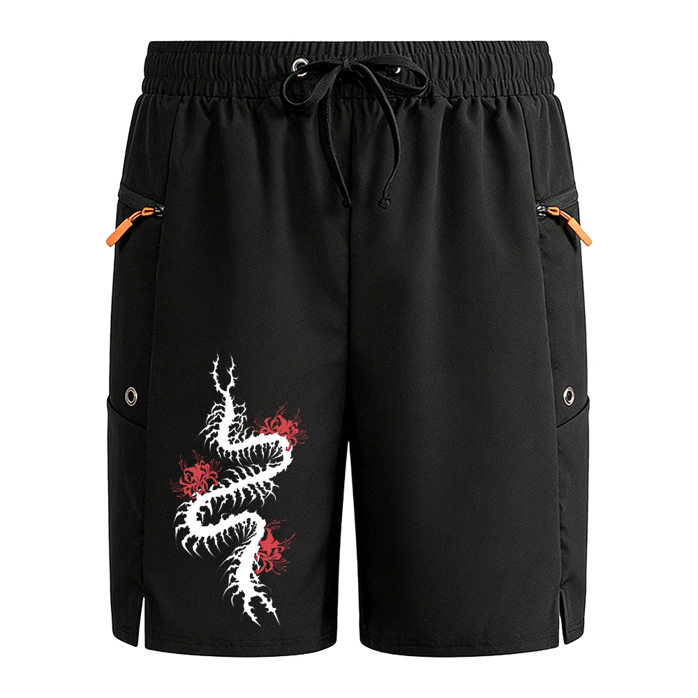 

Men's Black Casual Running Shorts Centipede and Lycoris Radiata Flower Print Fitness Hiking with Zipper Pockets Drawstring Waist