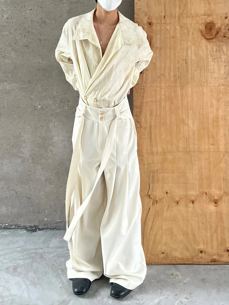 Youth Casual Straight Leg Trousers with Draped Design Deconstructed Suit Pants Folded Hem Commute Long Pants Polyester Micro ...