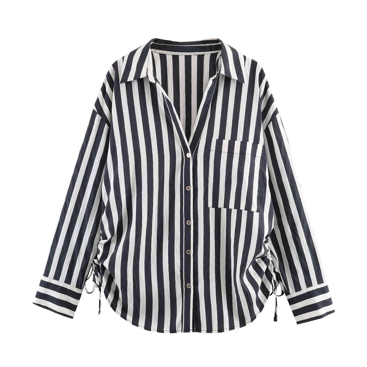 

WOMAN 2026 Summer New Fashion Lace-Up Striped Blouses Vintage Lapel Long Sleeve Pockets Casual Female Shirts Blusas Chic Tops