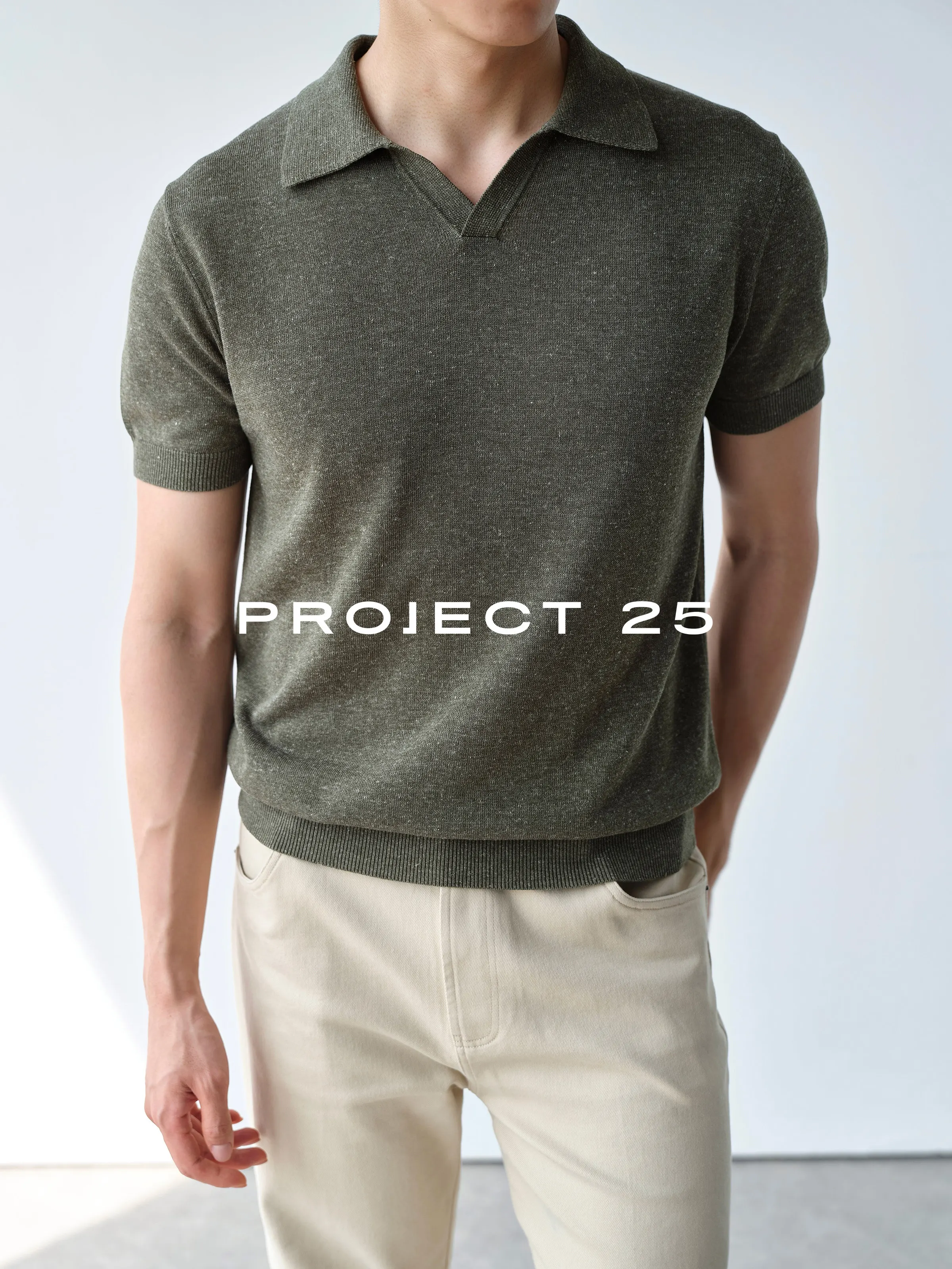 PROJECT 25Men Summer Linen Blend Knitted Polo Shirt Open Collar Lightweight Thin Business Casual