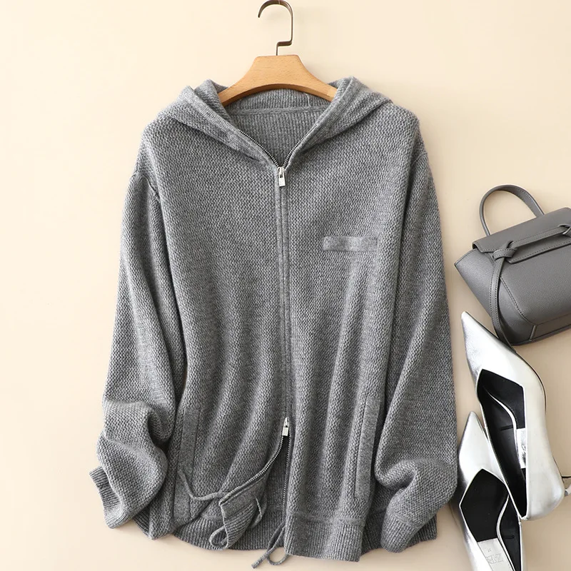 masigoch europe winter trendy chic 100% cashmere double zipper hooded  cardigan coat