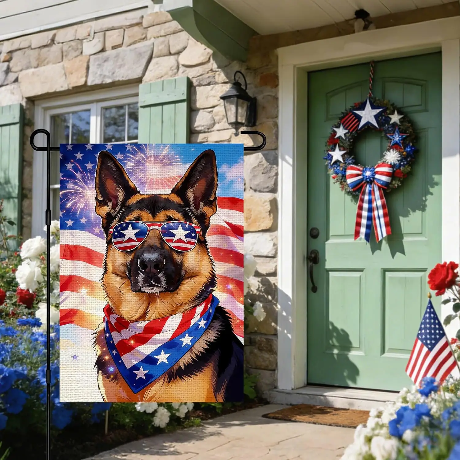 IVN 4th of July Dog Yard Flag Patriotic Garden Flag 12 x 18 Inch Double Sided Burlap German Shepherd Balloons USA Flags for jjp