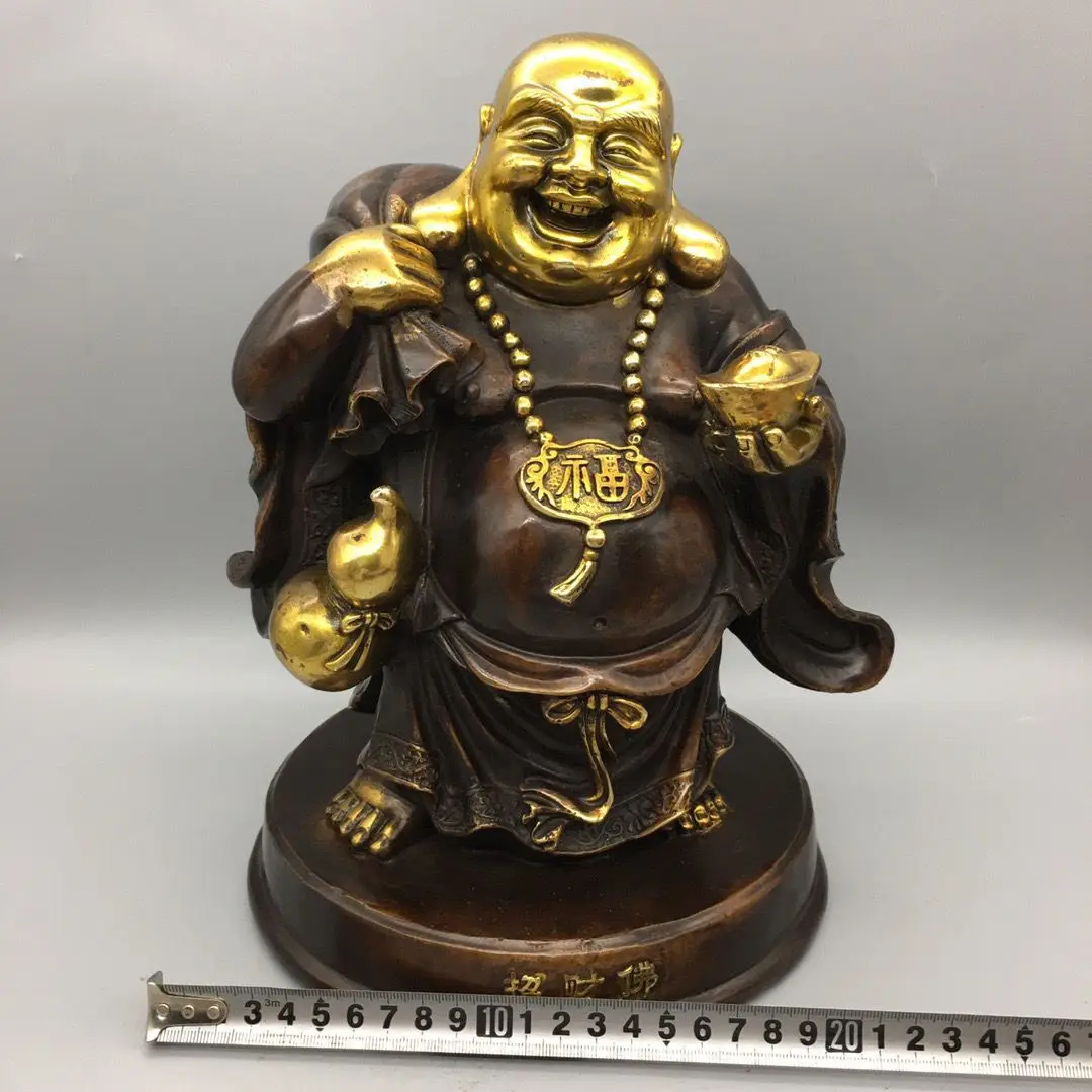 Antique bronze collection, with base to attract wealth Maitreya Buddha exquisite craftsmanship, mellow pulp, complete shape
