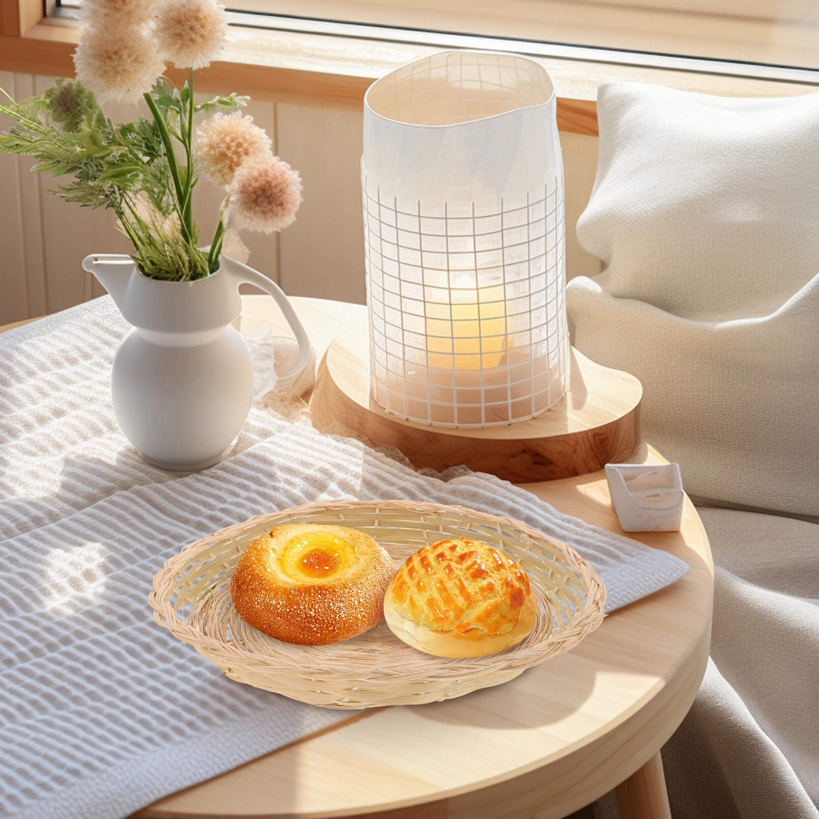 

1pcs Natural Rattan Bread Serving Tray Woven Snack Basket Heat Insulating Food Organizer Kitchen Storage Round Wicker Basket For