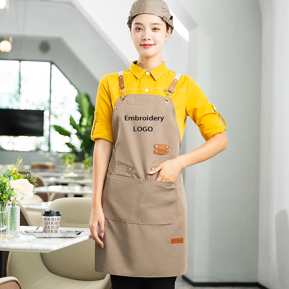 Customized Embroider Logo Signature Waterproof Overalls Kitchen Aprons Home Chef Baking Clothes With Pockets Adult Bib Waist Bag