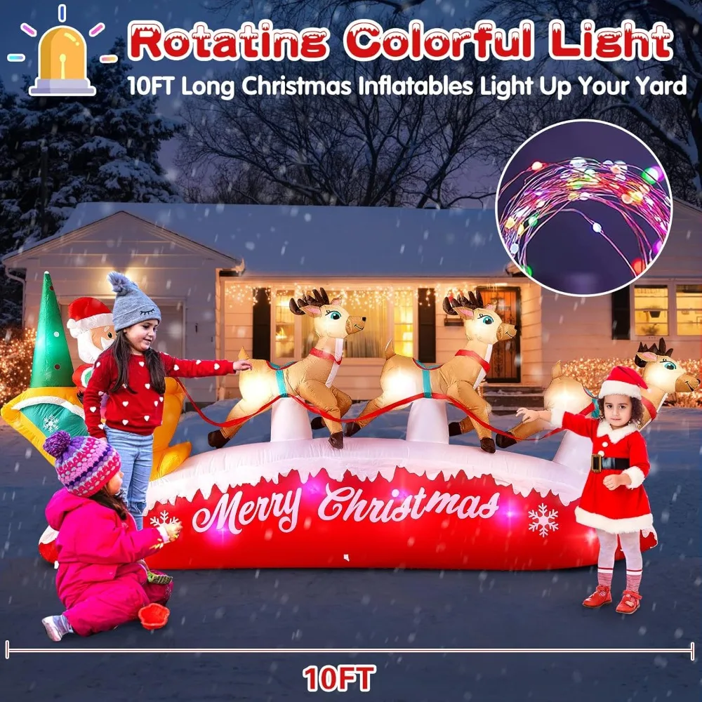 10FT Long Christmas Inflatables Santa Claus with Reindeer Sleigh Outdoor Decorations, Build-in Rotating Colorful LEDs Santa