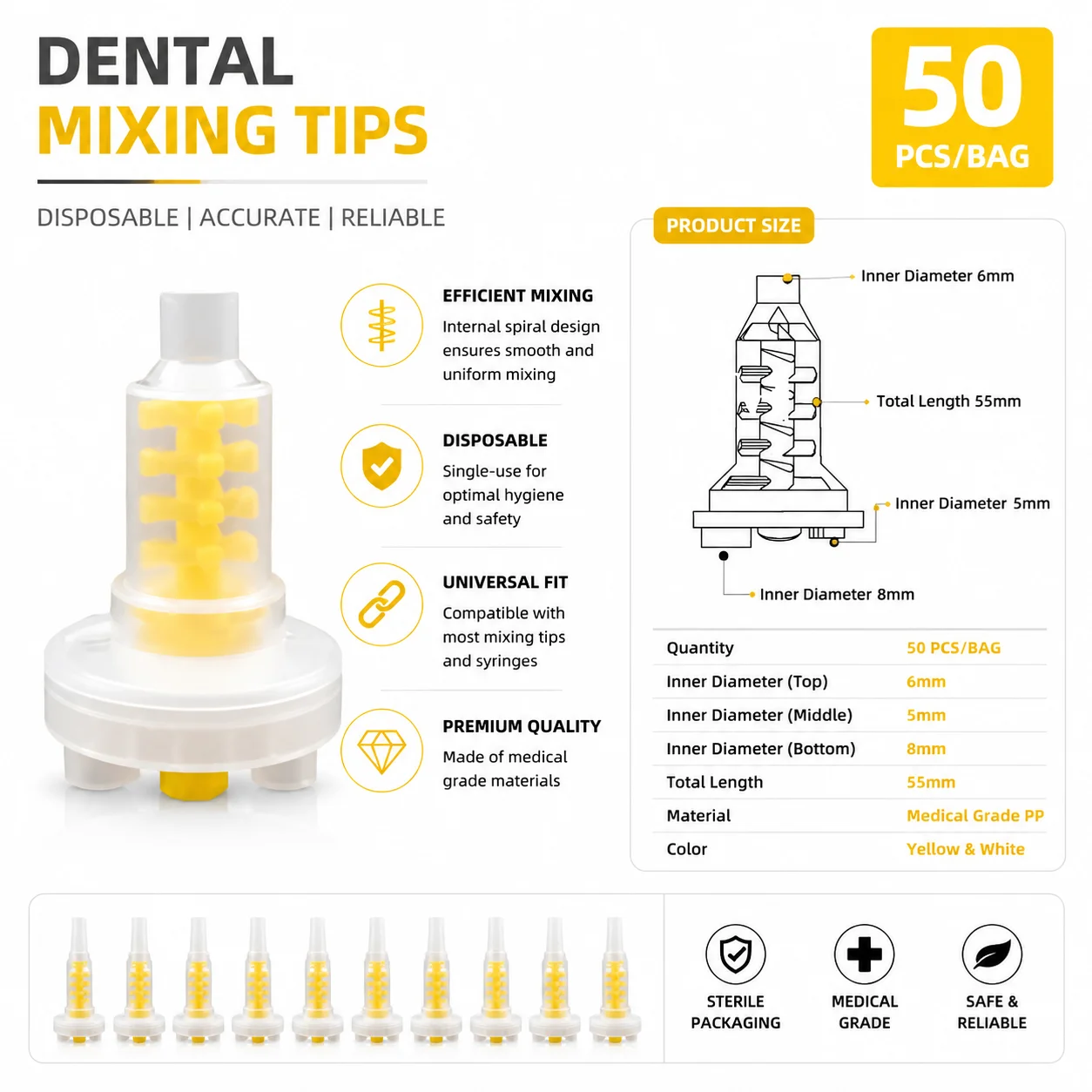 50/100 Stück Dental-Mischspitzen Einweg-Mixer 1:1 Gelbe Mischspitzen Einweg-Zahnmedizin-Mischspülungen Mischrohr