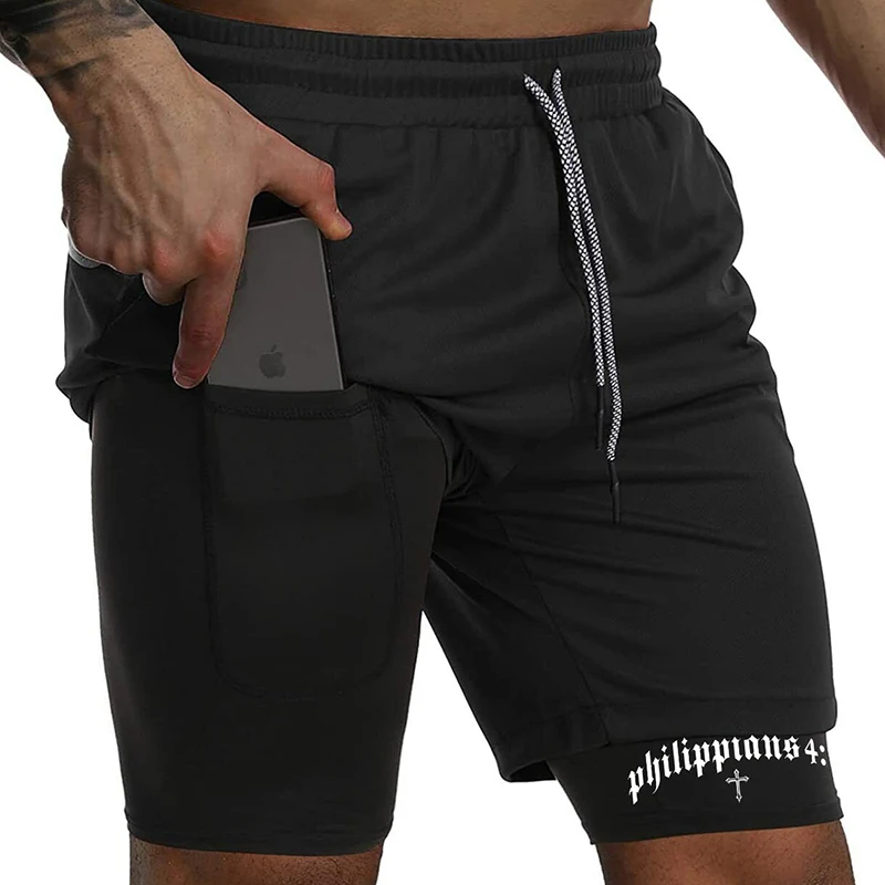 Cross Bible Graphic 2 in 1 Athletic Shorts for Men Christian Gym Workout Running with Phone Pocket Towel Loop Active Wear