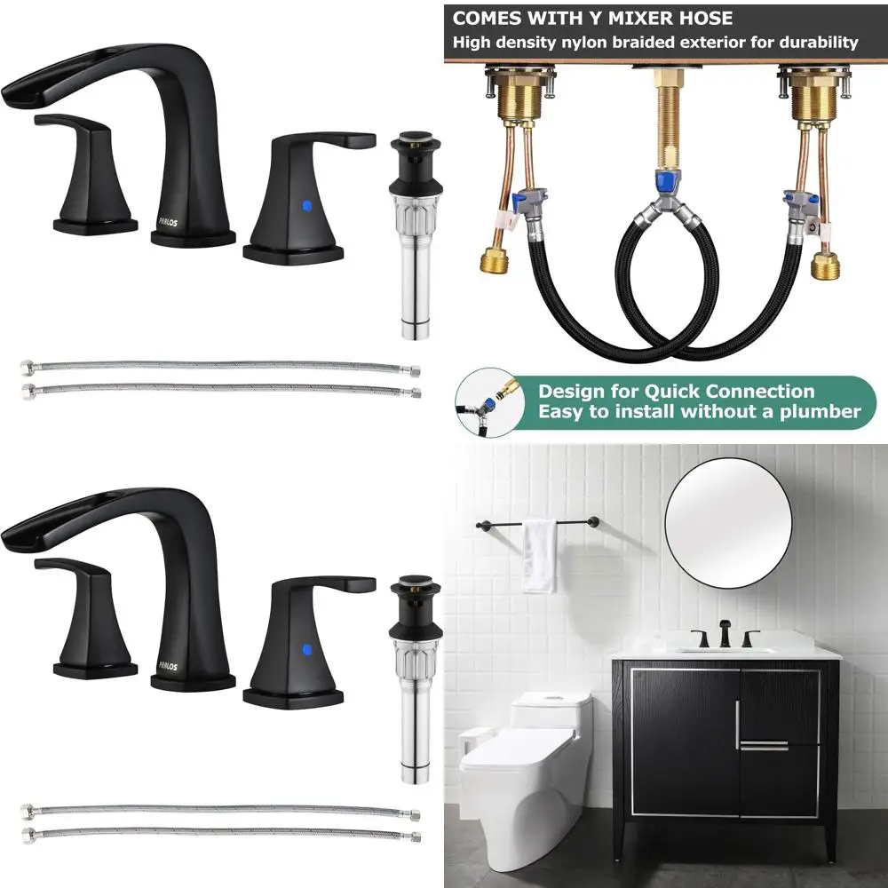

Matte Black Two-Handle Waterfall Bathroom Faucet with Metal Drain and Supply Lines