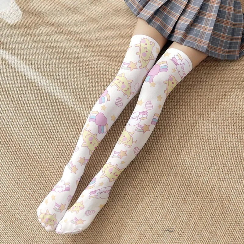 Women Lolita Cartoon Rabbit for Cat Printed Thigh High Stockings Japanese Anime Kawaii Strawberry Cosplay Over Knee Sock