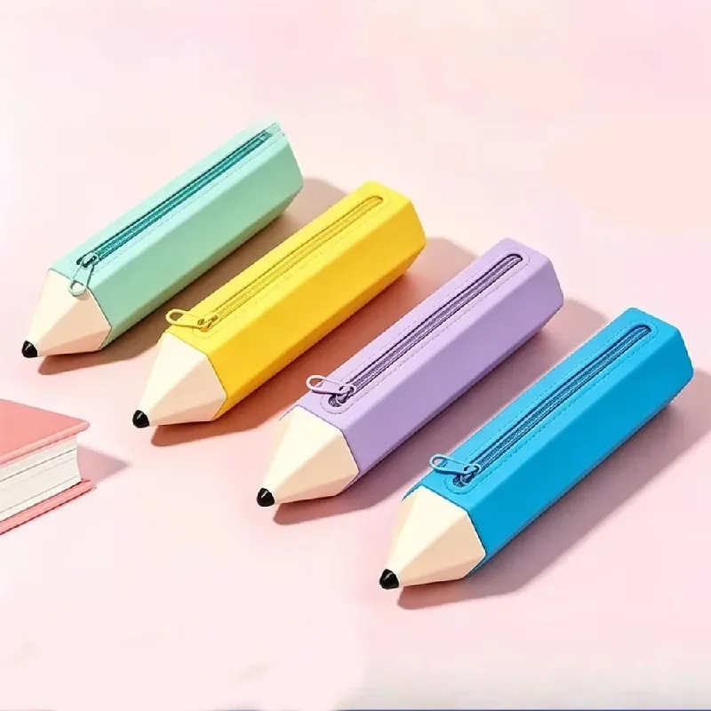 Cute Creative Pencil Shape Silicone Pencil Case Large Capacity Stationery Bag Waterproof Pencil Box For Primary School Students