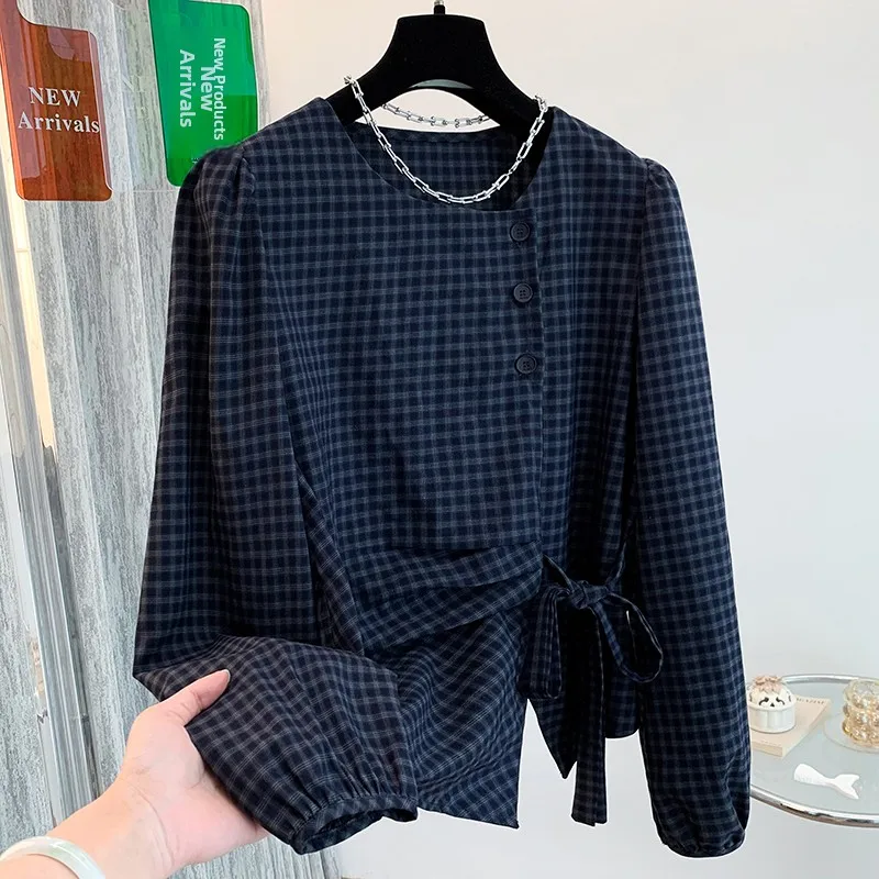 여성용 체크무늬 긴팔 셔츠 라운드넥 허리끈 디자인 면 폴리에스터 혼방 오리지널 디자인 슬림핏 탑 봄 가을 신상