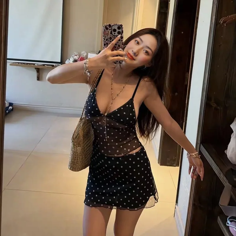 Black and White Polka Dot Slimming Sexy Small Chest Split Swimsuit Skirt Style Vacation Style Beach Soaking Hot Spring Swimsuit - Image 3