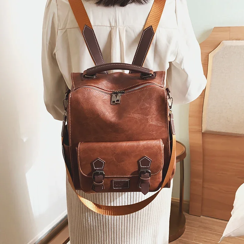 2024 Women Vintage Leather Backpacks Vintage Female Shoulder Bags Sac a Dos Casual Travel Ladies School Bags L54