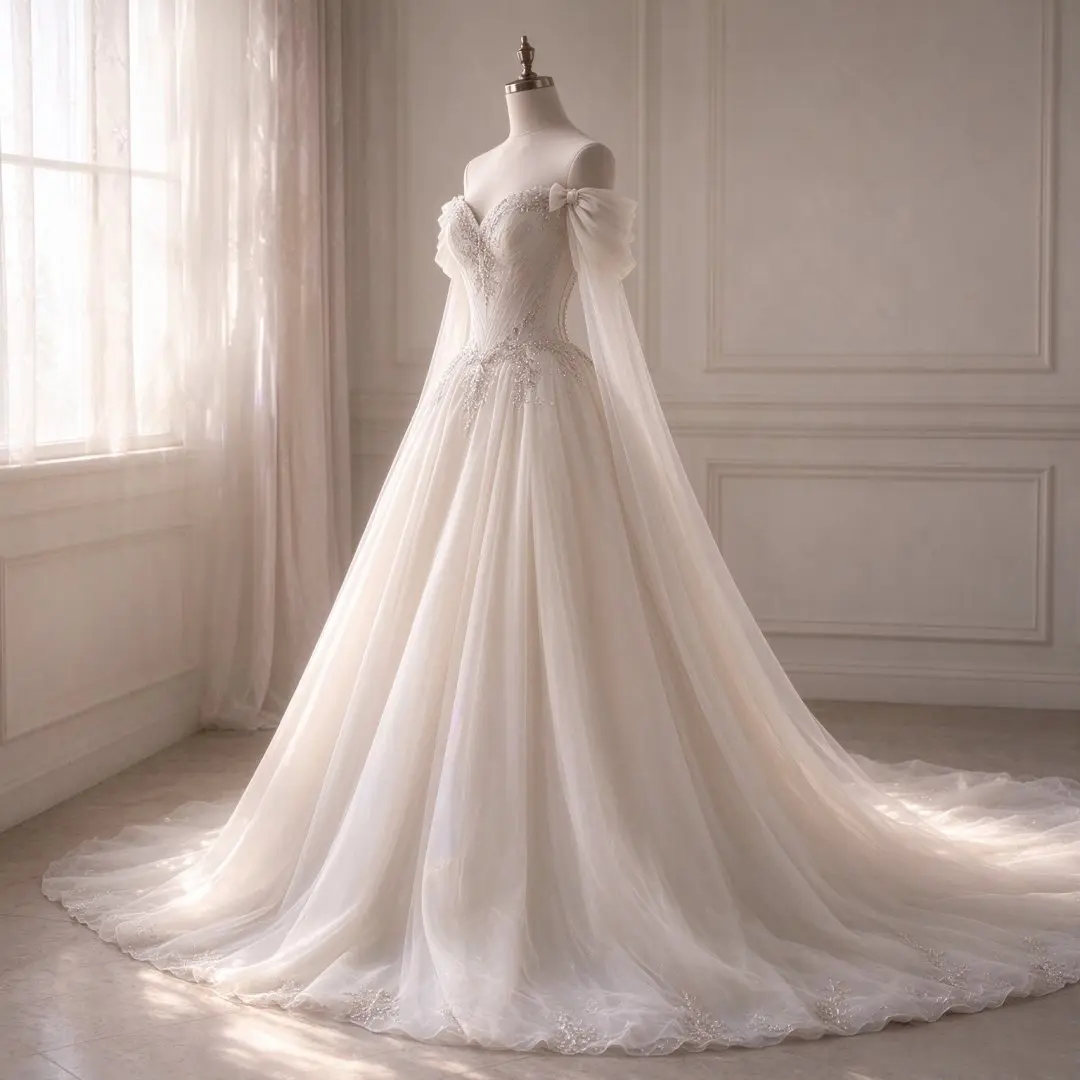 Custom Off Shoulder Wedding Dress Puff Flutter Sleeve Beaded Sweetheart Tulle Ball Gown Chapel Train Bridal Gown Vestido De Novi