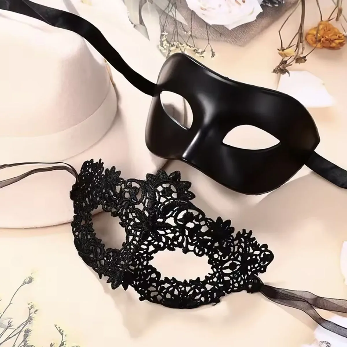 2pcs Elegant Black Lace Masquerade Mask Set for Couples - Perfect for Venetian Party, Mardi Gras, and Halloween Celebrations - view 5