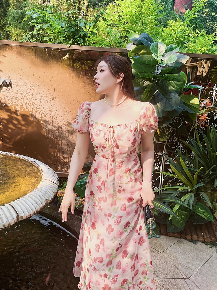 

Slimming Effectiven Summer Square Collar Bubble Sve Long Dr plus Size Chiffon Floral Print Slimming Women's Dr