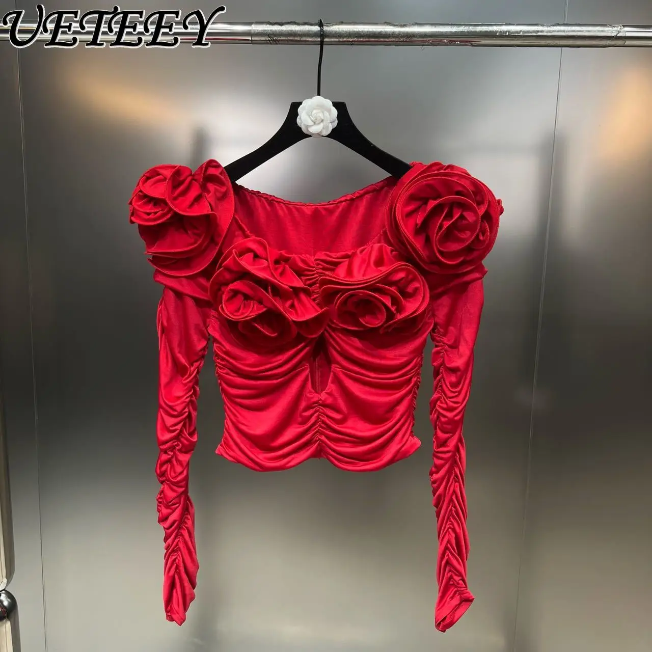 2024 automne nouveau élastique à manches longues 3D Floral à manches longues petit haut taille minceur piste Style minceur noir Blouses pour les femmes