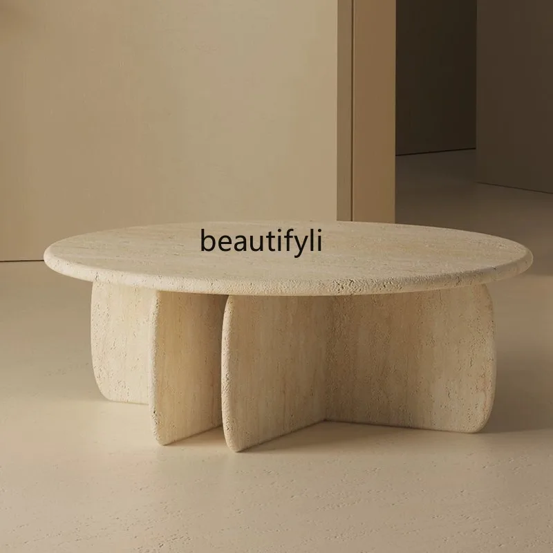 

French minimalist natural travertine coffee table medieval living room home high-end art wabi-sabi wind marble small table