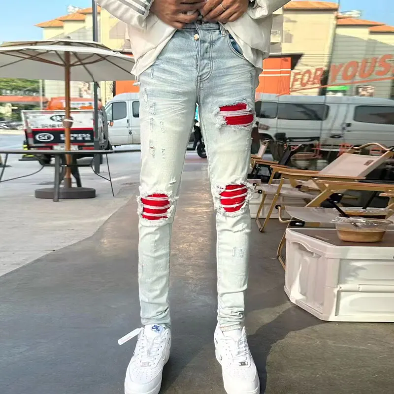 High Street Fashion Men Jeans Retro Light Blue Stretch Skinny Fit Ripped Jeans Men Patched Designer Brand Hip Hop Denim Pants